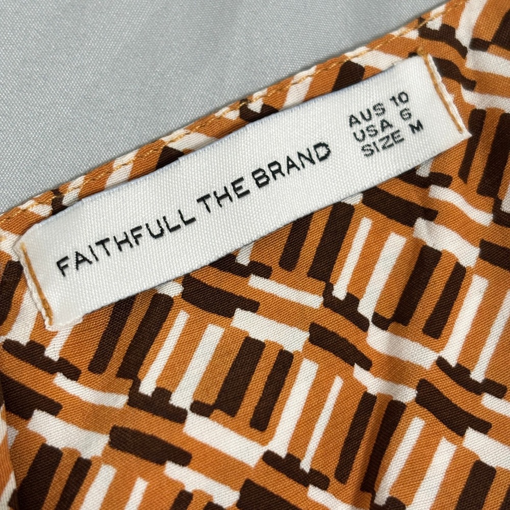 Faithfull the Brand Ruched Bust Brown Orange Midi Dress Geometric Print Sz 6 - Picture 8 of 9